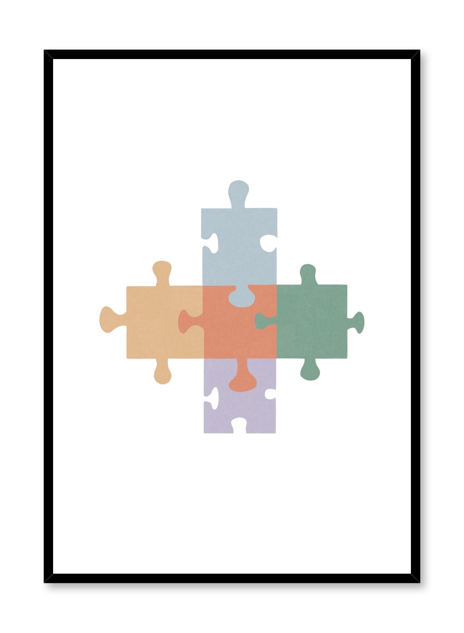 Happy Puzzle is a minimalist illustration by Opposite Wall of five pieces of a puzzle fitting together perfectly.