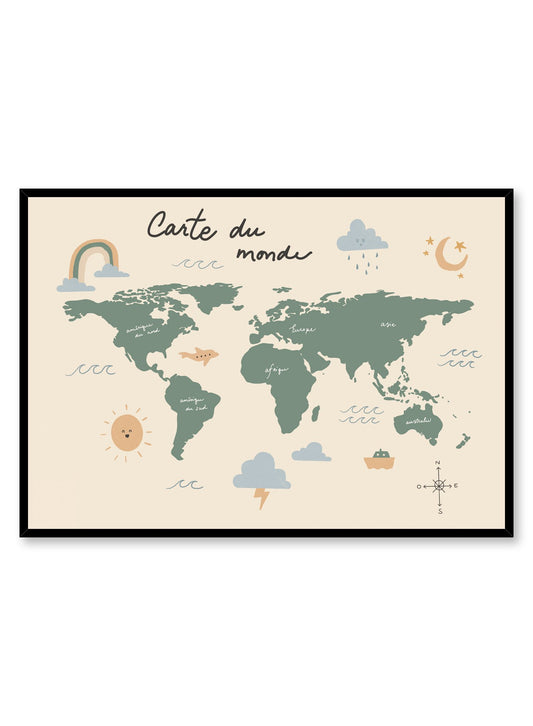 Globe Trotter in French is a minimalist illustration by Opposite Wall of a simpler world map depicting the five continents in French accompanied by different weather patterns.