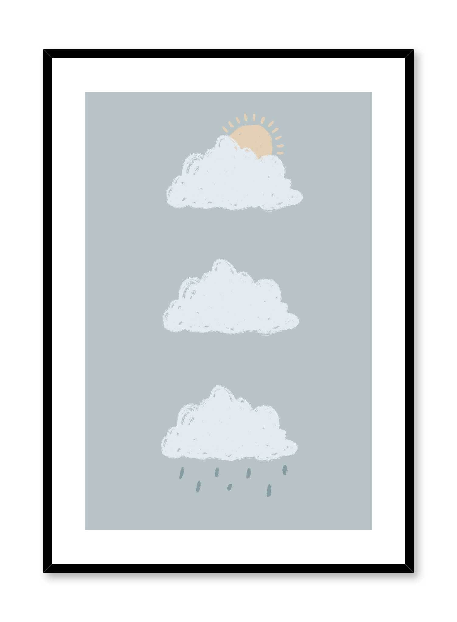 Moody Clouds is a minimalist illustration by Opposite Wall of three different cloud patterns: sunny, cloudy and rainy. 