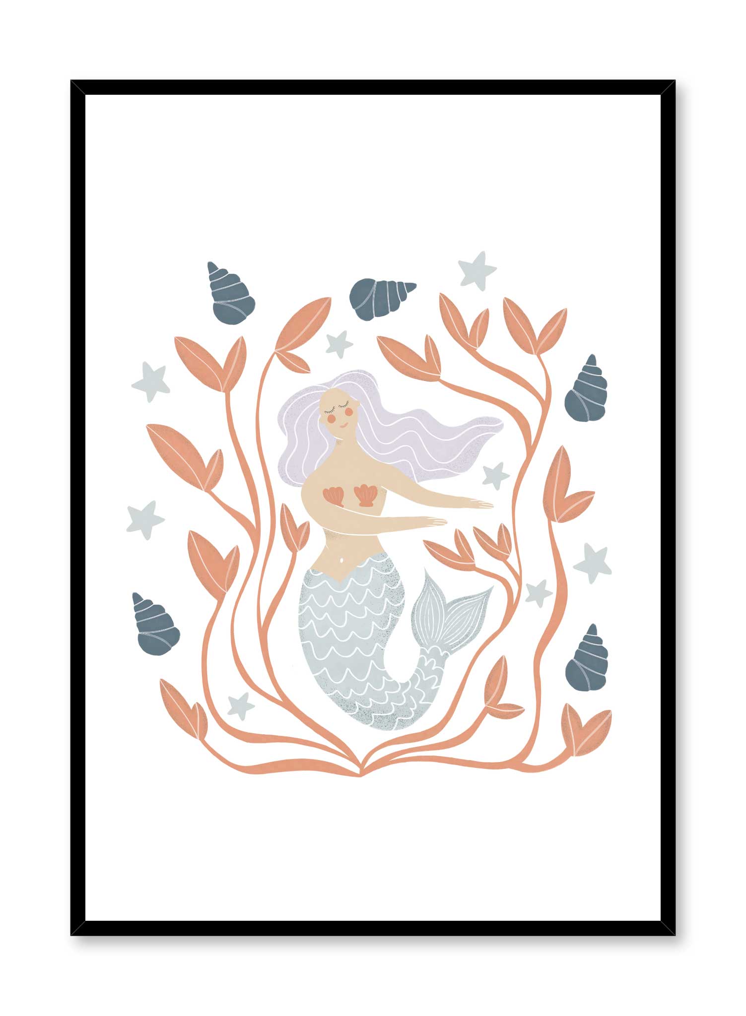 Mermaid is a minimalist illustration by Opposite Wall of a beautiful mermaid surrounded by plants and seashells.