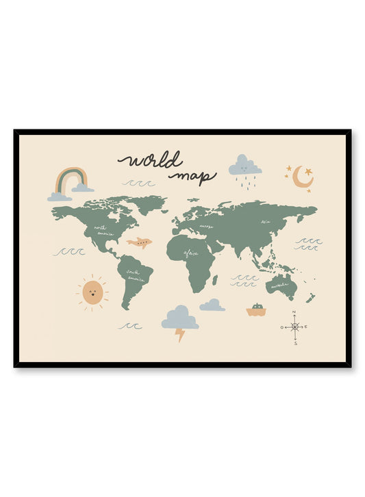 Globe Trotter is a minimalist illustration by Opposite Wall of a simpler world map depicting the five continents in French accompanied by different weather patterns.