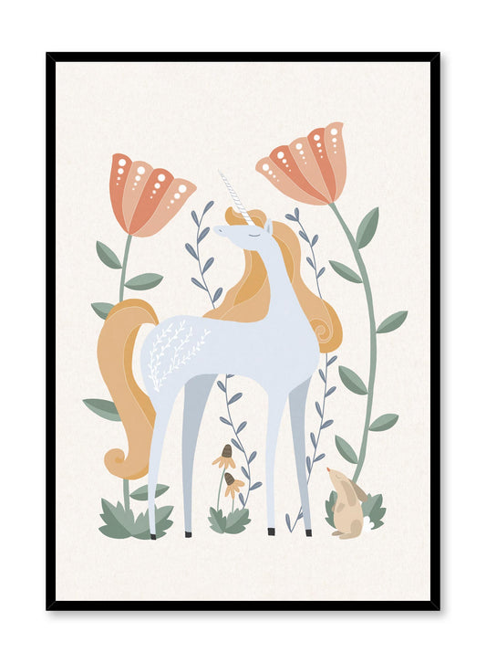 Sassy Unicorn is a minimalist illustration by Opposite Wall of a beautiful unicorn enjoying its time in nature with tall flowers and a rabbit at its foot.