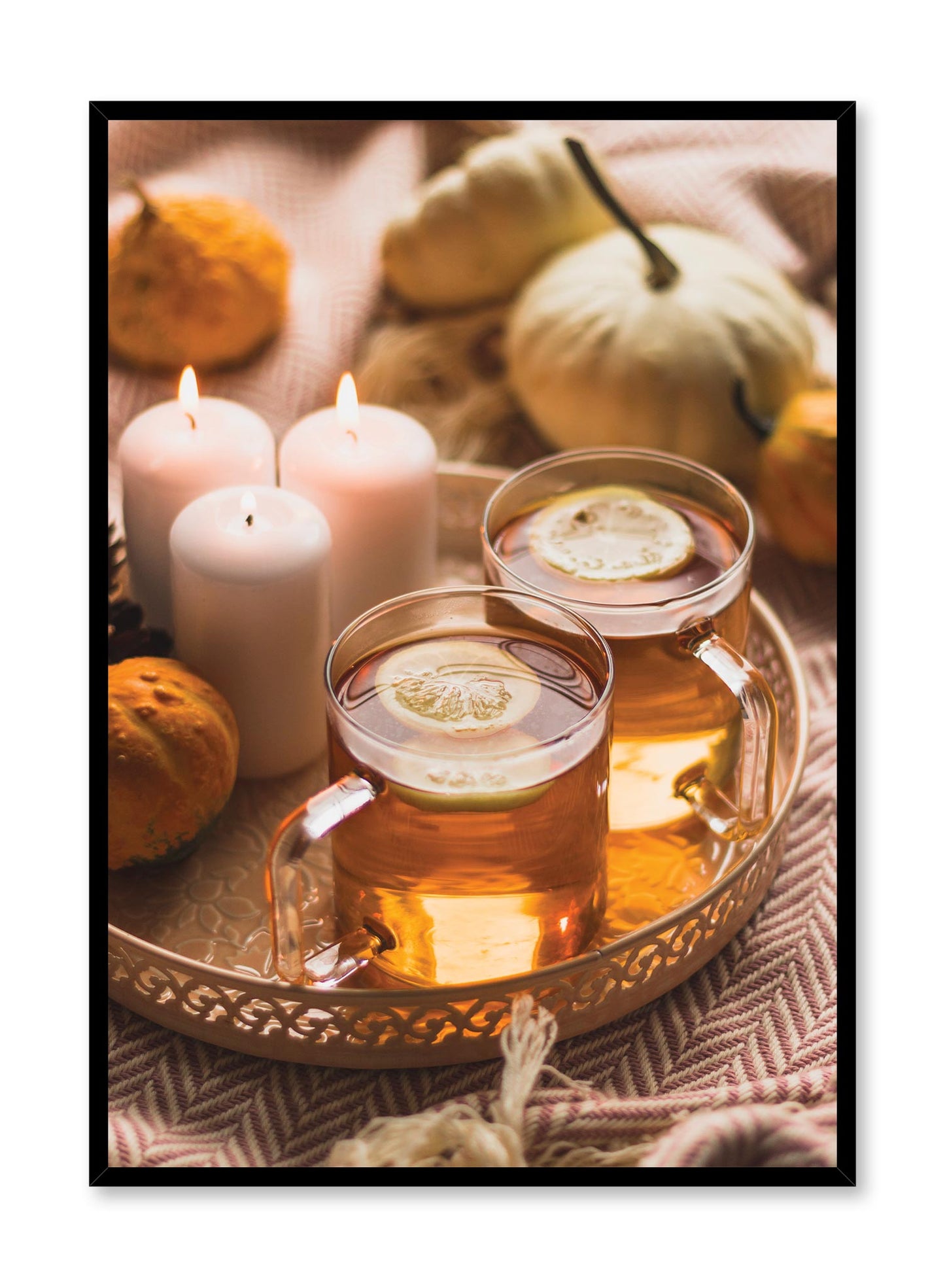 Hug in a Cup is a minimalist photography by Opposite Wall of two cups on lemon tea next to three candles with pumpkins in the background.