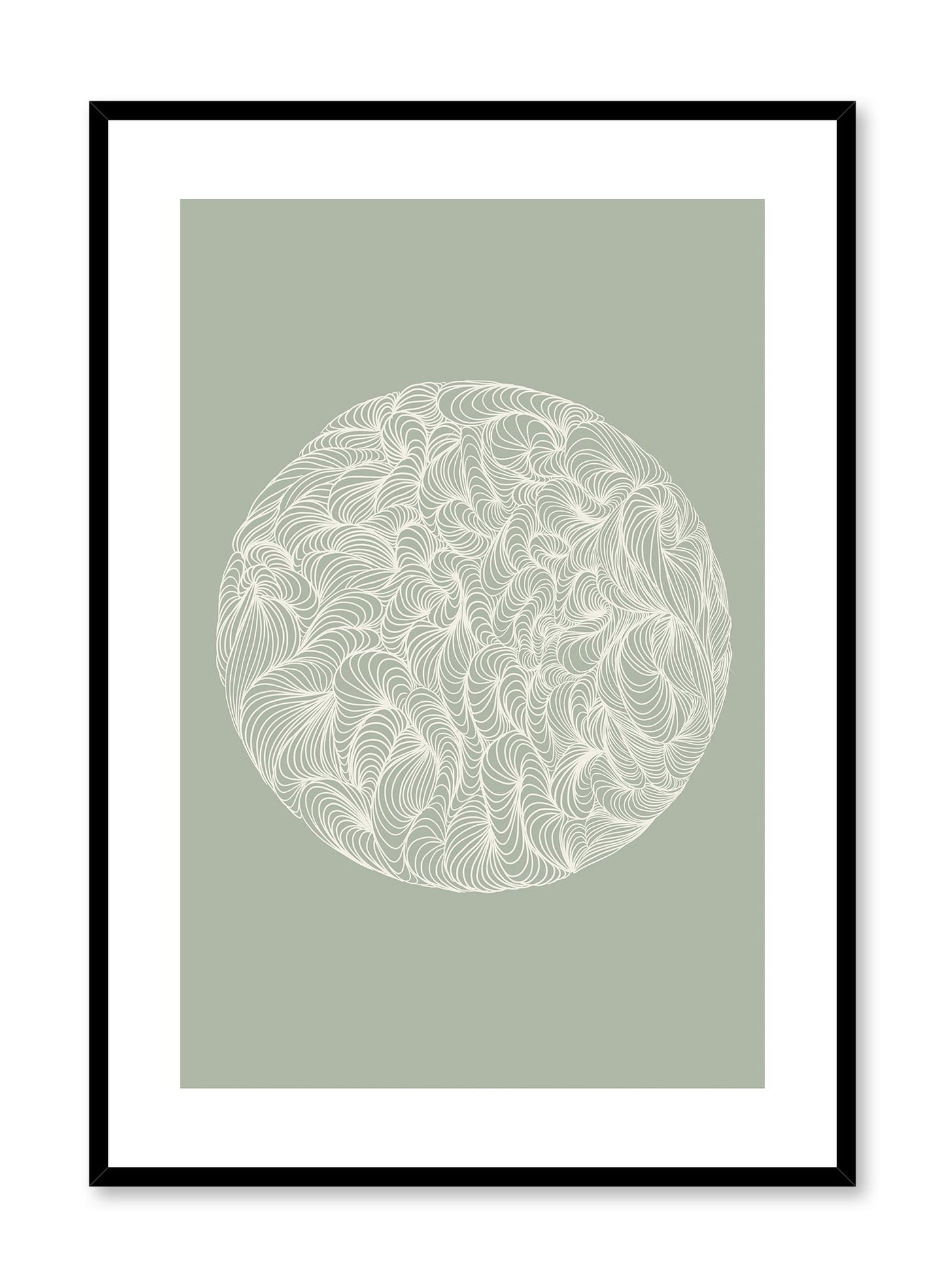 Nature Hypnosis is a minimalist illustration by Opposite Wall of a round ball of a striped and curved line pattern.