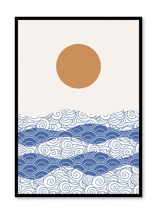 Land of the Rising Sun is a minimalist illustration by Opposite Wall of an orange sun and a blue sea drawn with circular patterns.