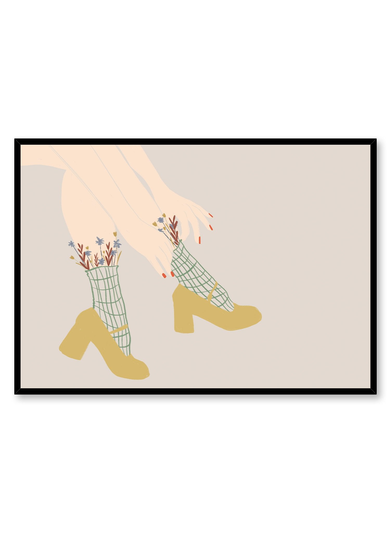 Sock Hop is a minimalist illustration by Opposite Wall of a woman pulling up her flowery socks while wearing yellow high heels.