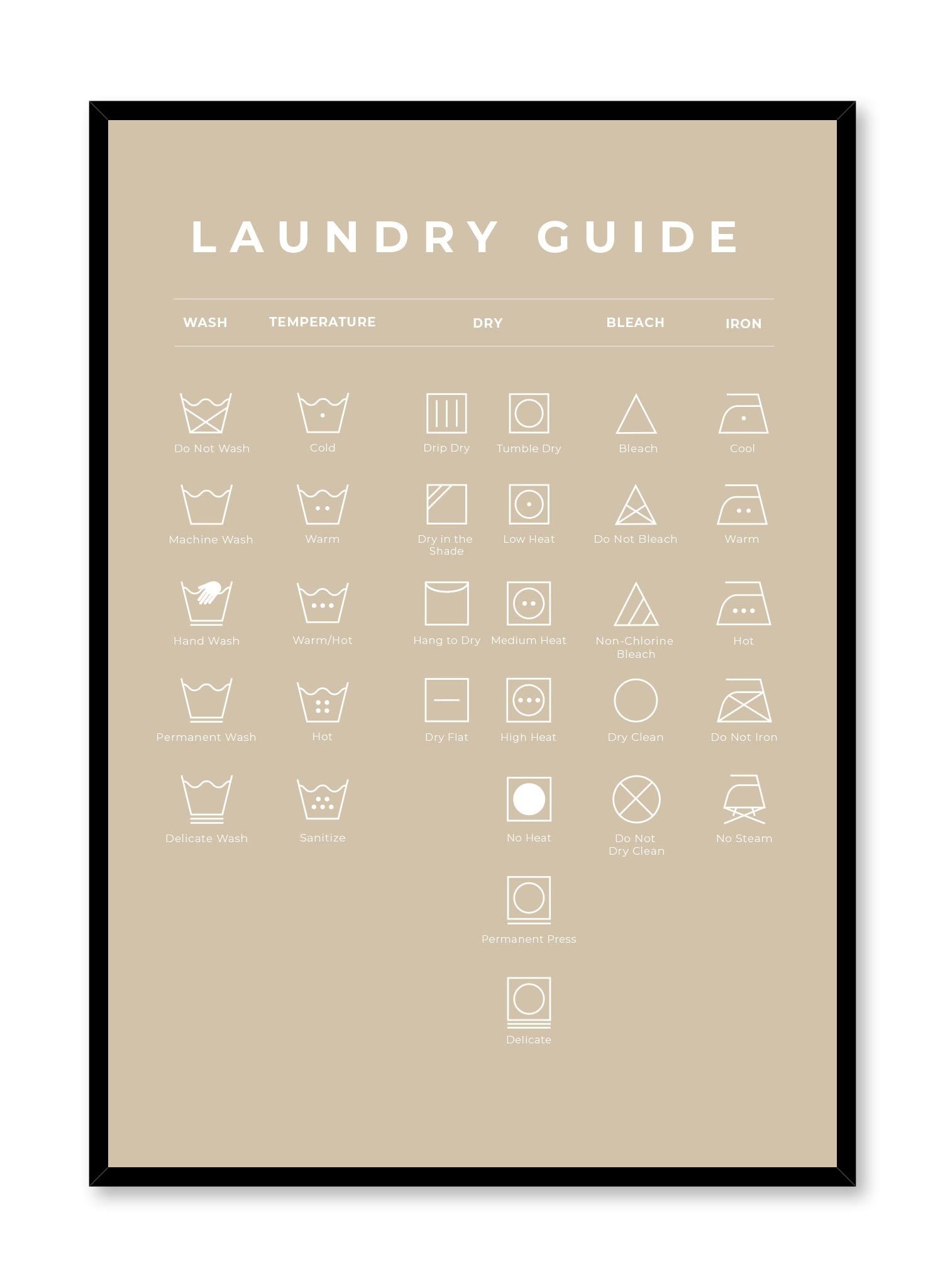 Laundry Guide in Beige is a minimalist typography by Opposite Wall of a chart of laundry symbols and their meaning.