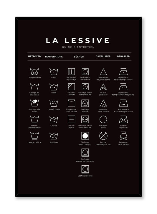 Laundry Guide in French and Black is a minimalist typography by Opposite Wall of a chart of laundry symbols and their meaning.