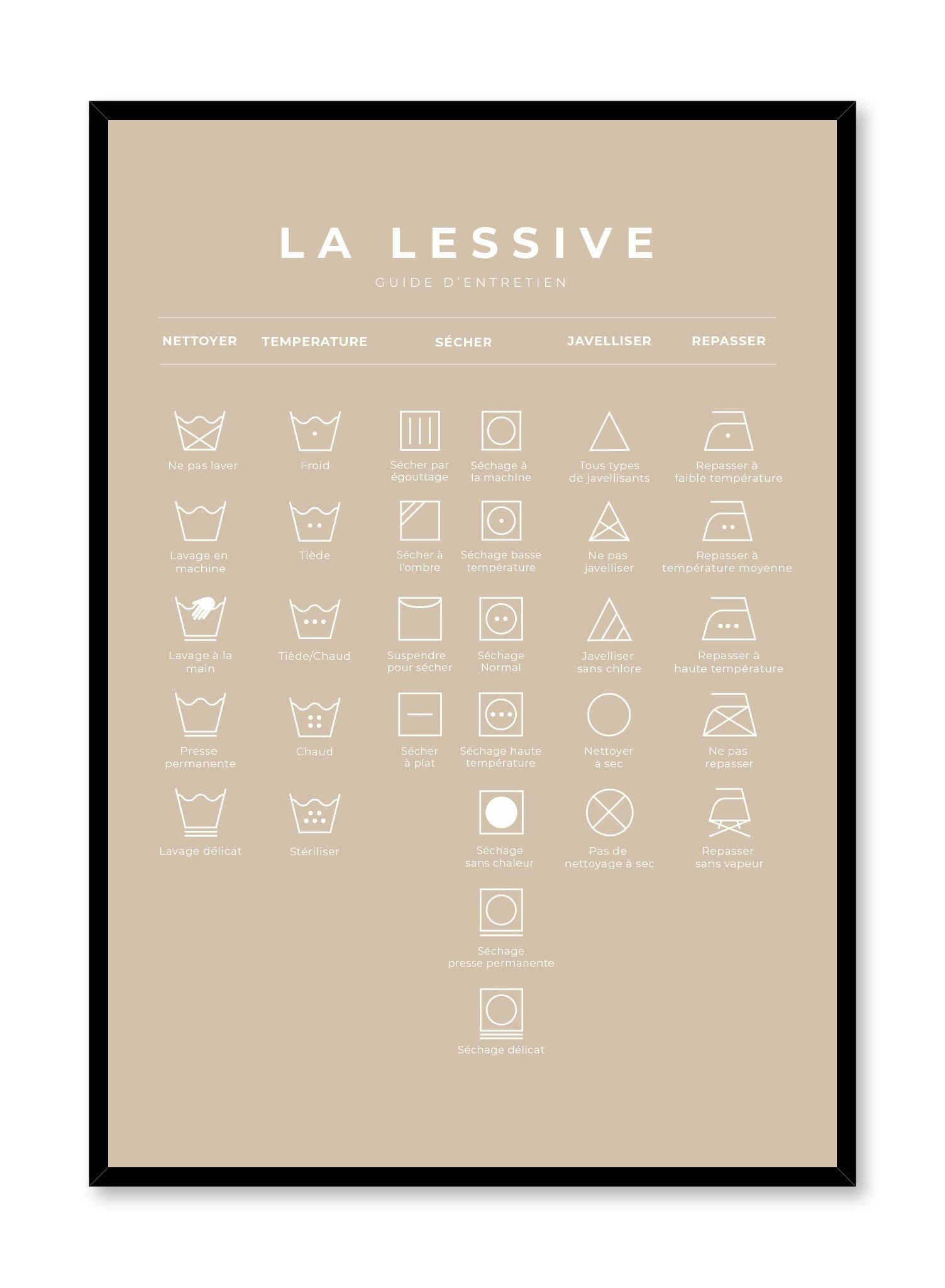 Laundry Guide in French and Beige is a mnimalist typography by Opposite Wall of a chart of laundry symbols and their meaning.