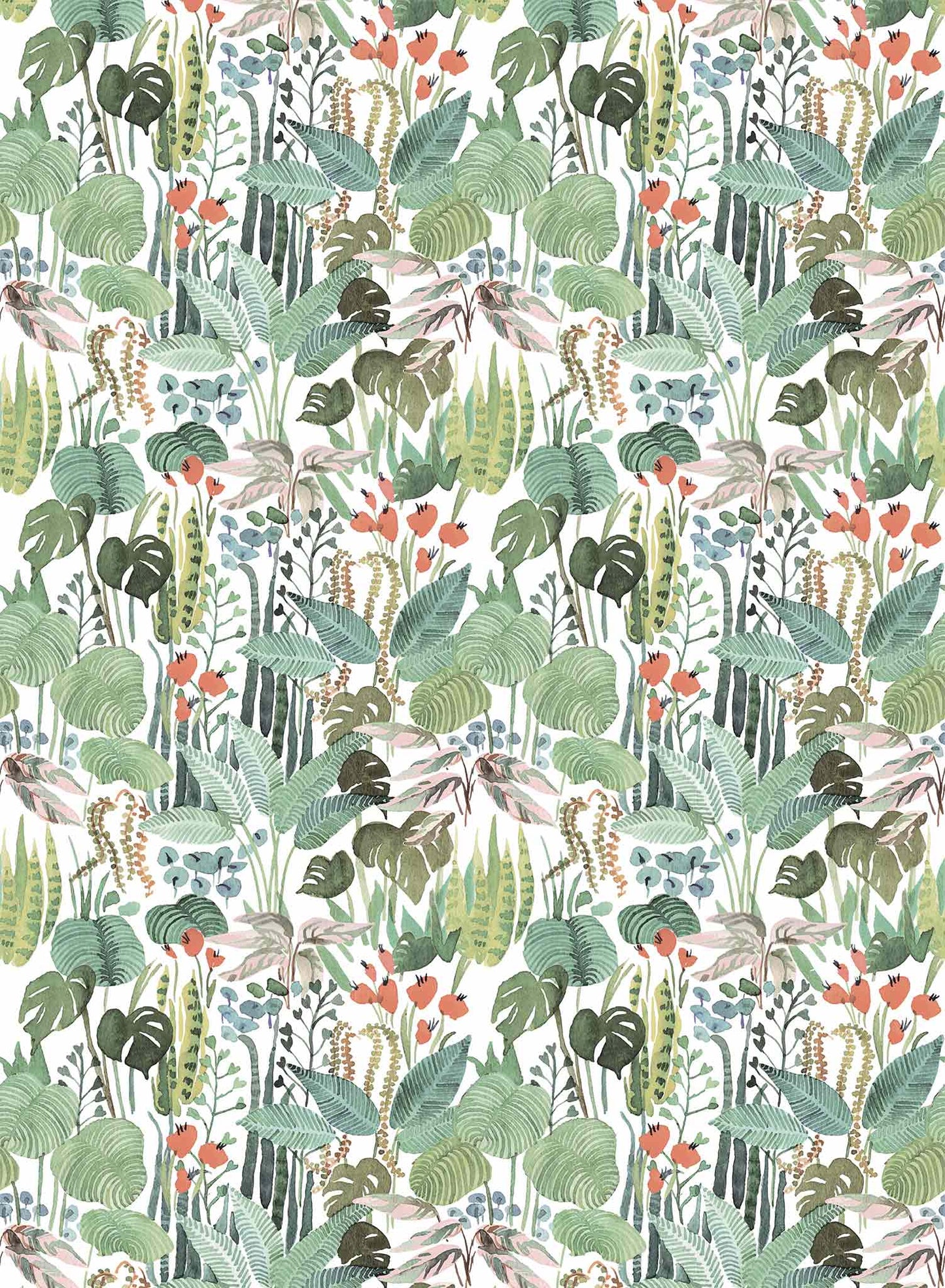 Tropicalia is a minimalist wallpaper by Opposite Wall of a variety of tropical plant leaves.