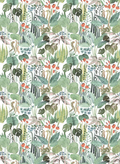 Tropicalia is a minimalist wallpaper by Opposite Wall of a variety of tropical plant leaves.