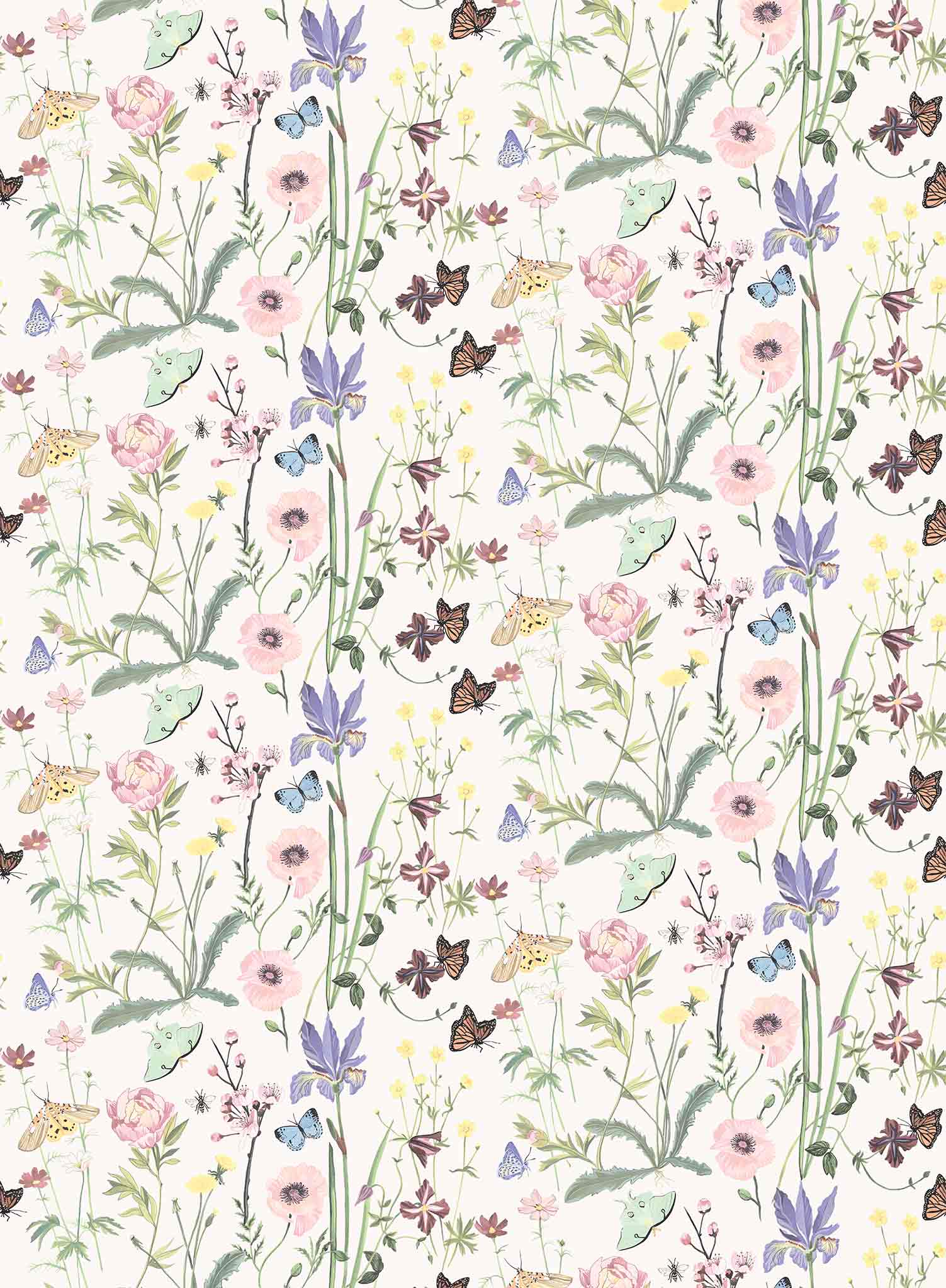 Midsommar is a minimalist wallpaper by Opposite Wall of a collection of butterflies and wildflowers.