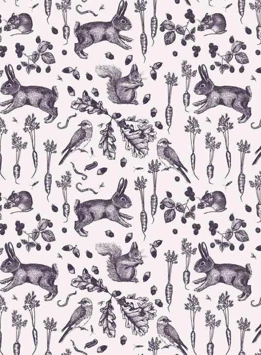 Garden Thieves is a minimalist wallpaper by Opposite Wall of common animals and vegetables found in a backyard garden.