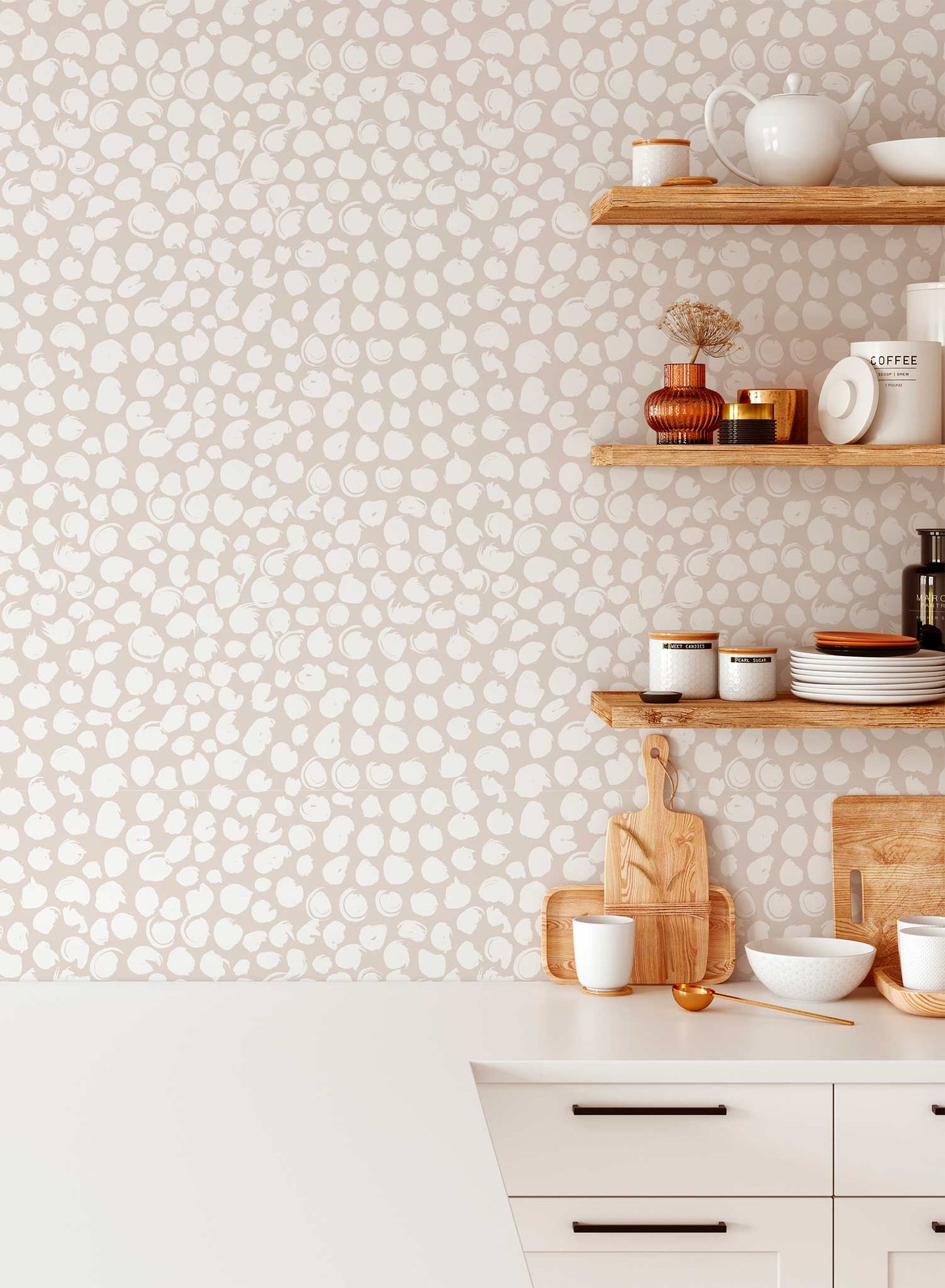 On the Dot is a minimalist wallpaper by Opposite Wall of imperfect dots of different sizes and looks.