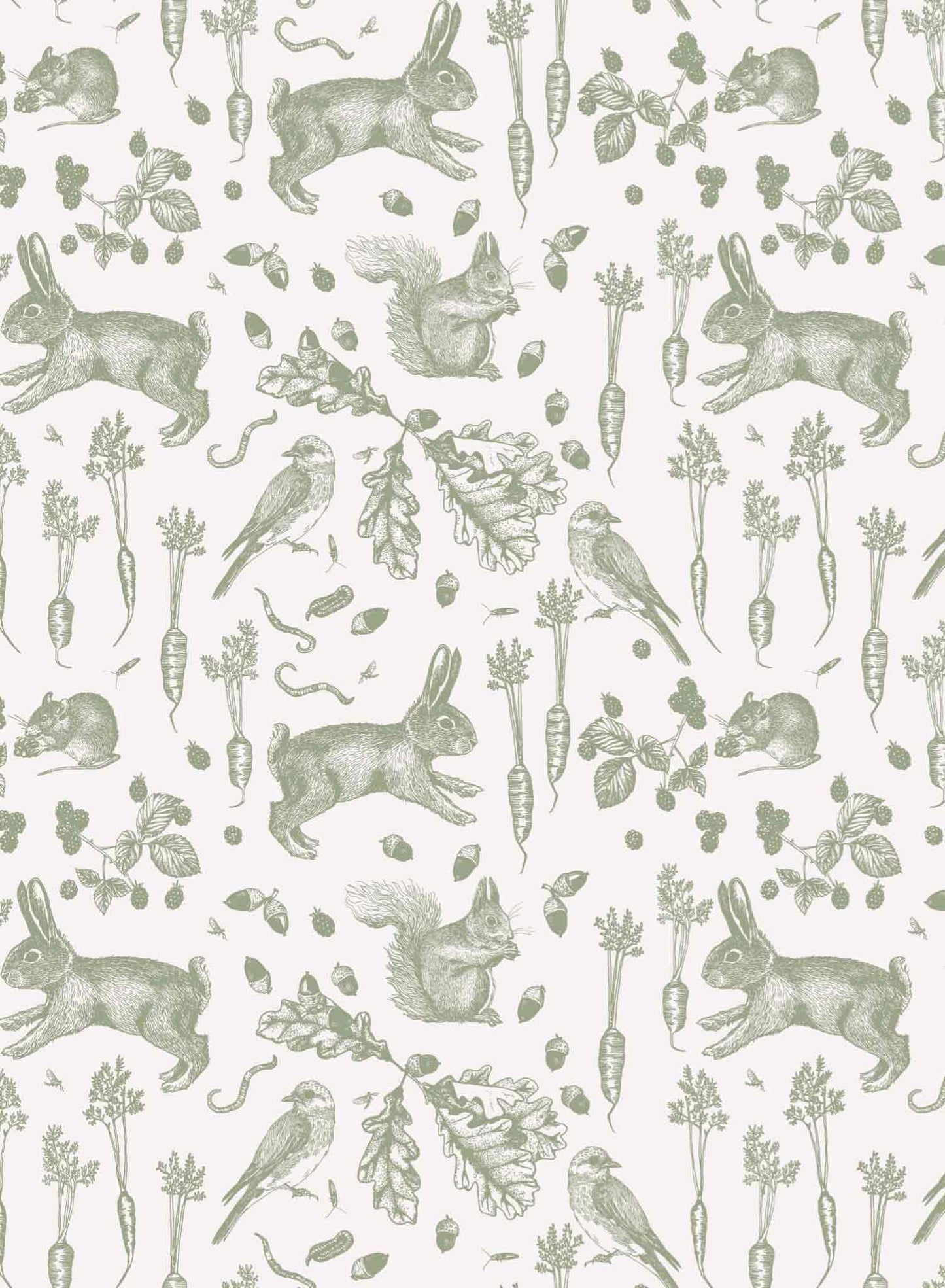 Garden Thieves is a minimalist wallpaper by Opposite Wall of common animals and vegetables found in a backyard garden.