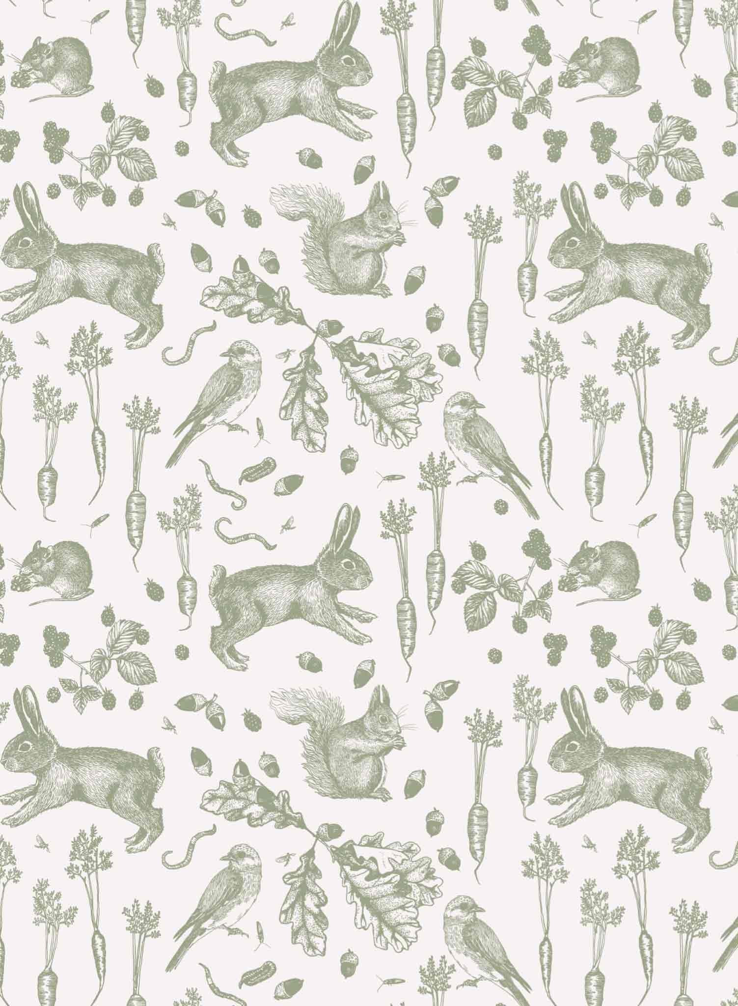 Garden Thieves is a minimalist wallpaper by Opposite Wall of common animals and vegetables found in a backyard garden.