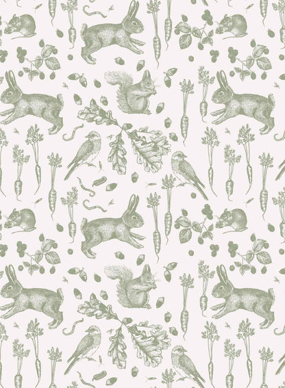 Garden Thieves is a minimalist wallpaper by Opposite Wall of common animals and vegetables found in a backyard garden.