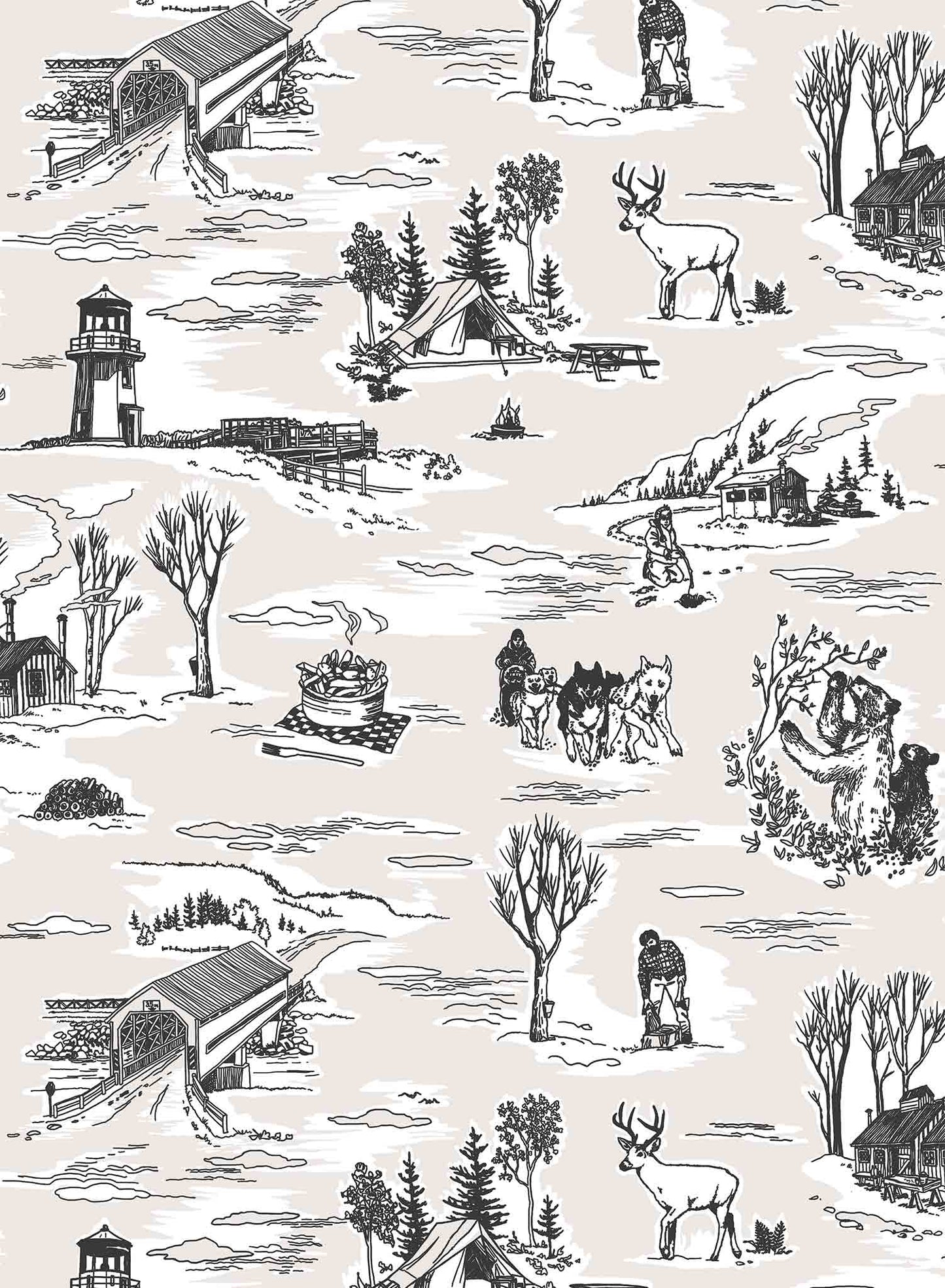 Folklore is a minimalist wallpaper by Opposite Wall of drawings of typical Canadian sightings.