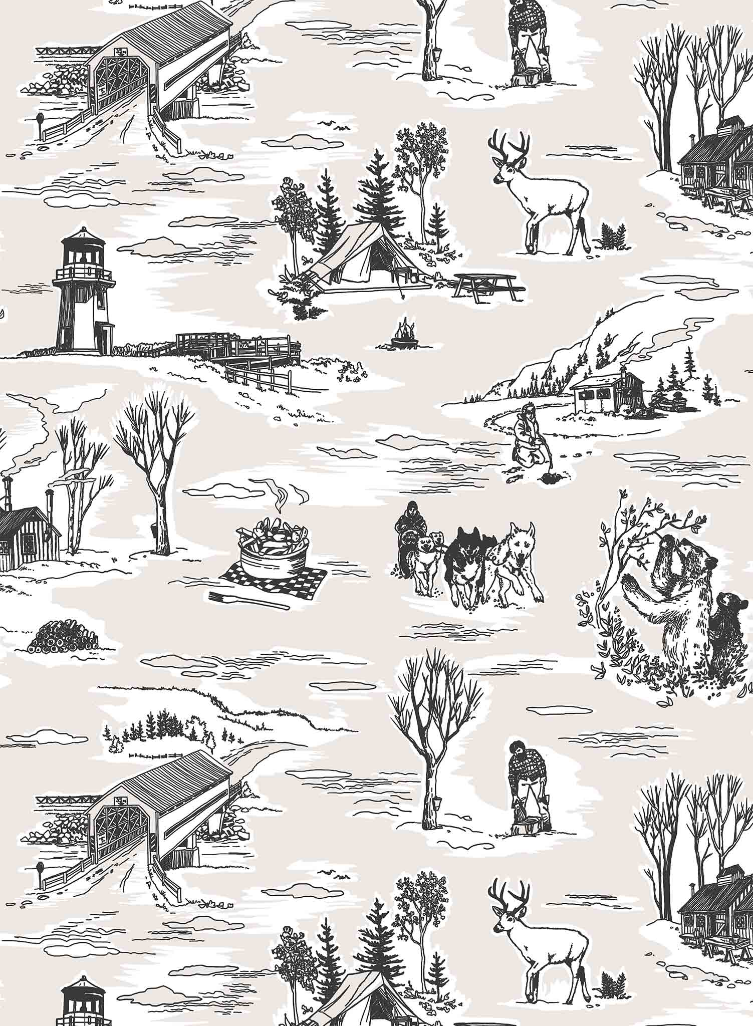 Folklore is a minimalist wallpaper by Opposite Wall of drawings of typical Canadian sightings.