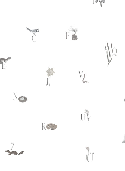 Woodland Lesson in French is a Minimalist wallpaper by Opposite Wall of an alphabet with an animal & forest them