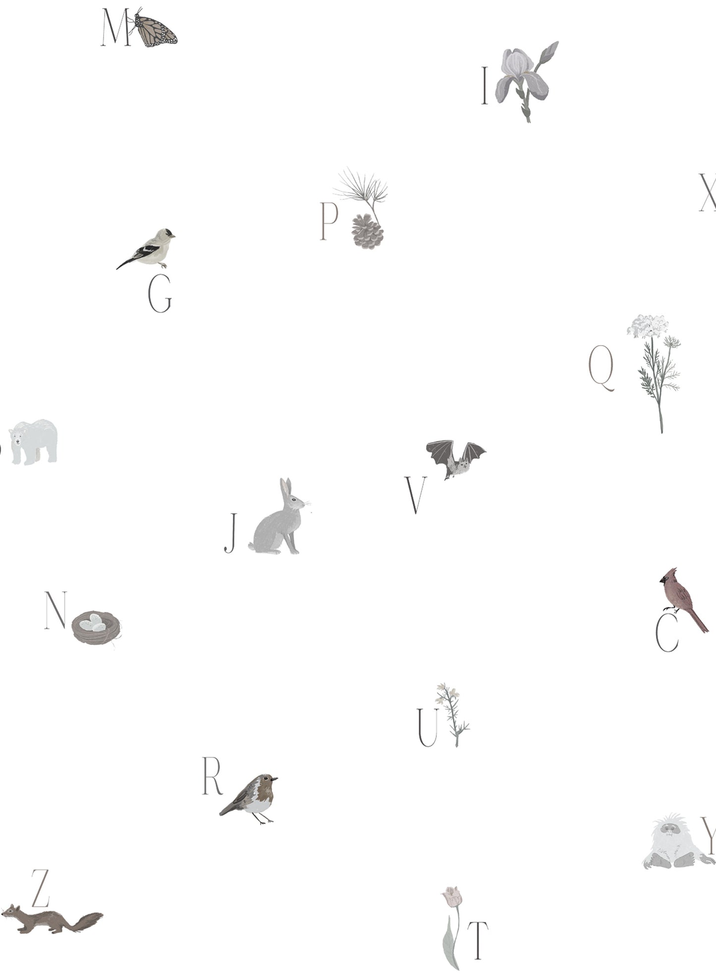 Woodland Lesson in English is a Minimalist wallpaper by Opposite Wall of an alphabet with an animal & forest them