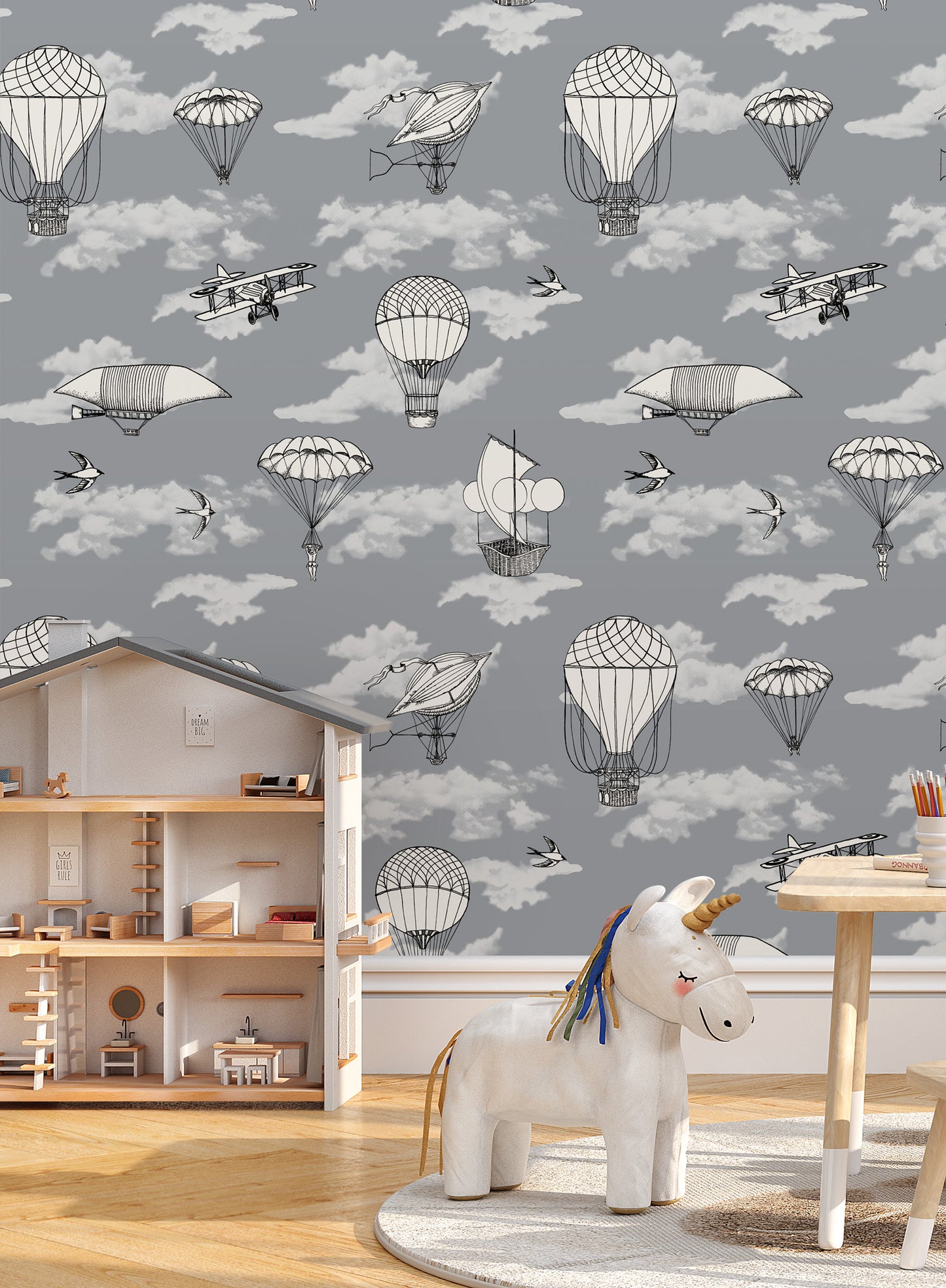 Fantastic Voyages is a minimalist wallpaper by Opposite Wall of a flying planes & hot air balloon