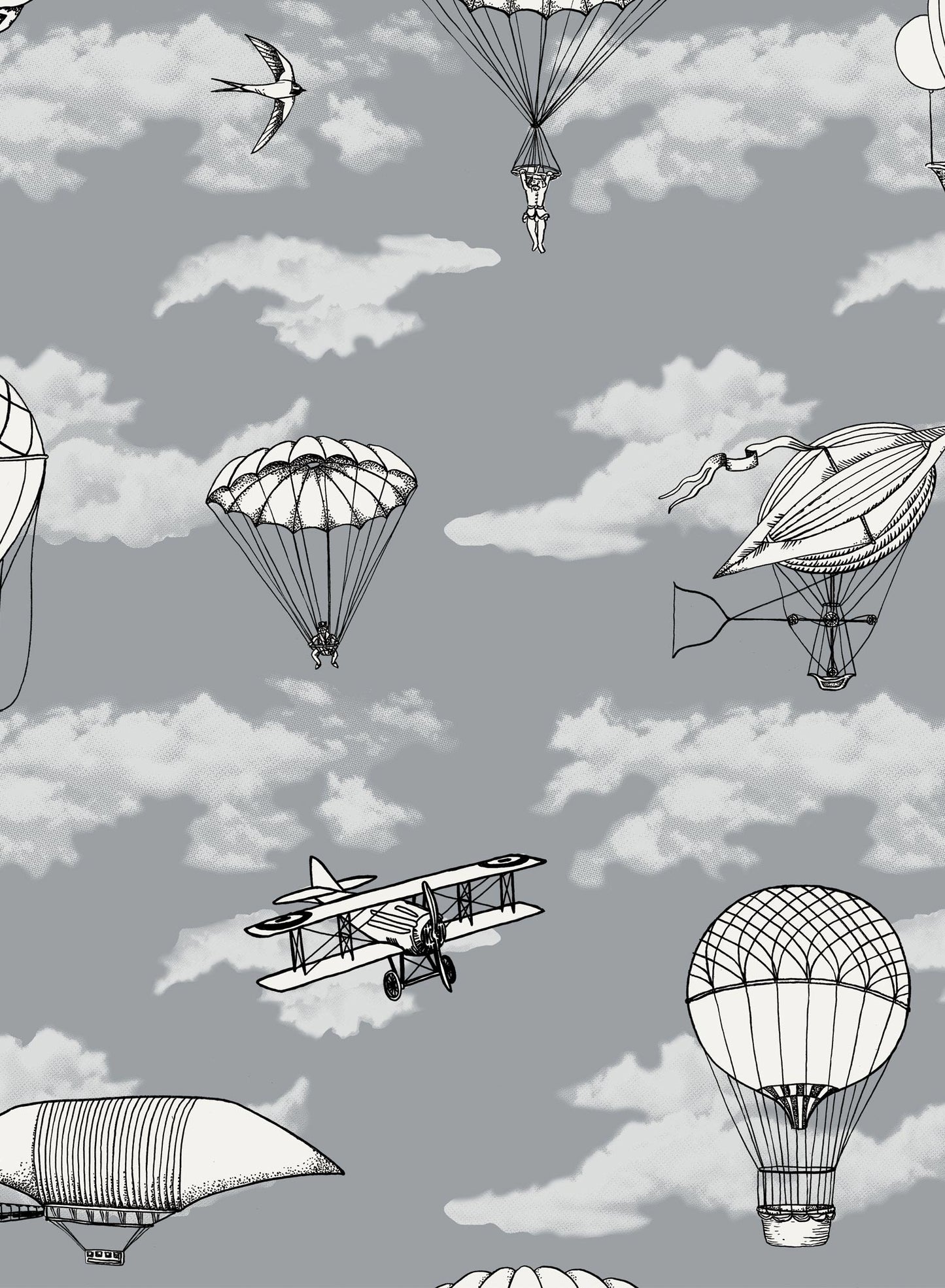 Fantastic Voyages is a minimalist wallpaper by Opposite Wall of a flying planes & hot air balloon