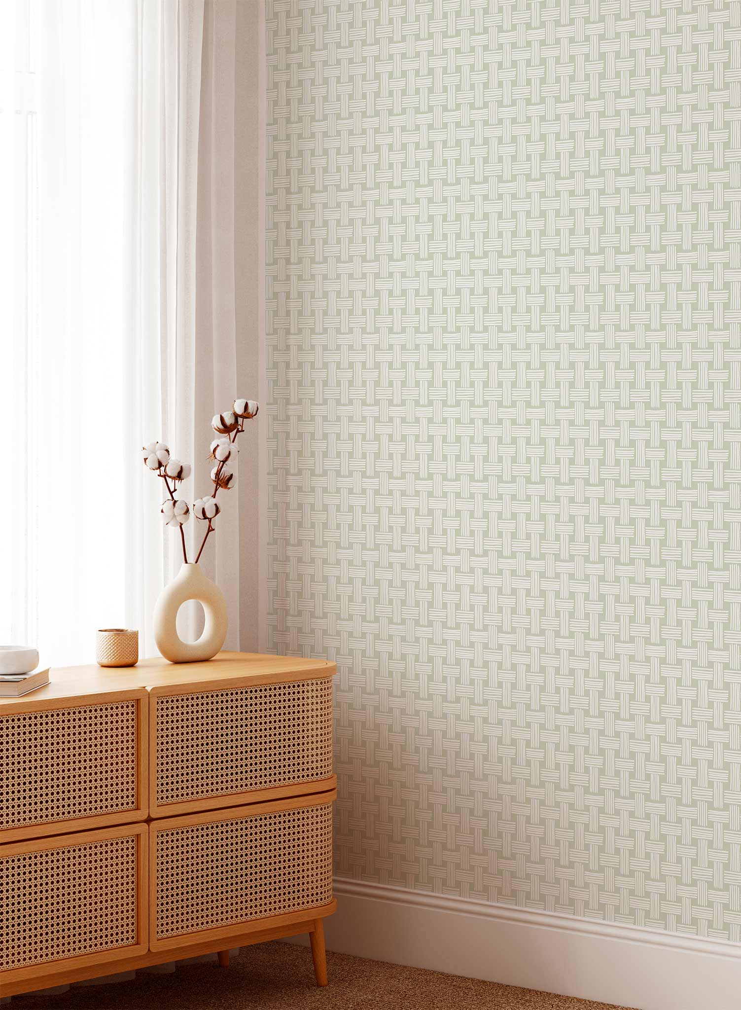 Basket Case is a minimalist wallpaper by Opposite Wall of a basket weave pattern.