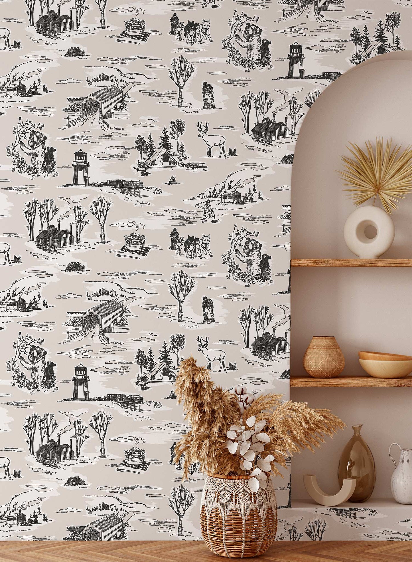 Folklore is a minimalist wallpaper by Opposite Wall of drawings of typical Canadian sightings.