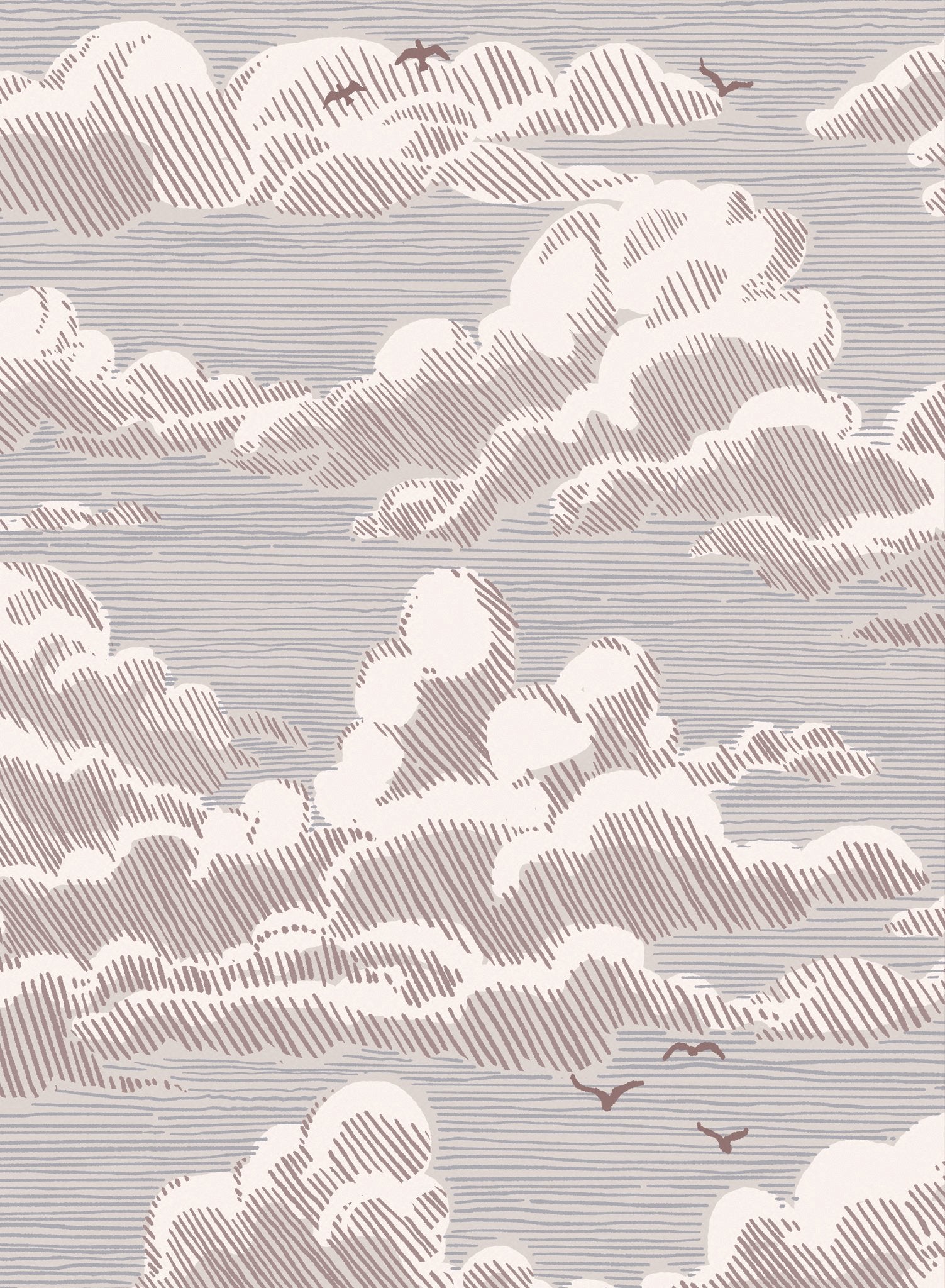 Sky Bound is a minimalist wallpaper by Opposite Wall of a cloudy sky background with birds flying across.