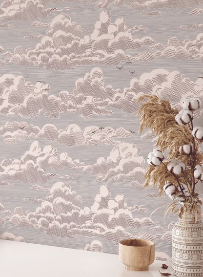 Sky Bound is a minimalist wallpaper by Opposite Wall of a cloudy sky background with birds flying across.