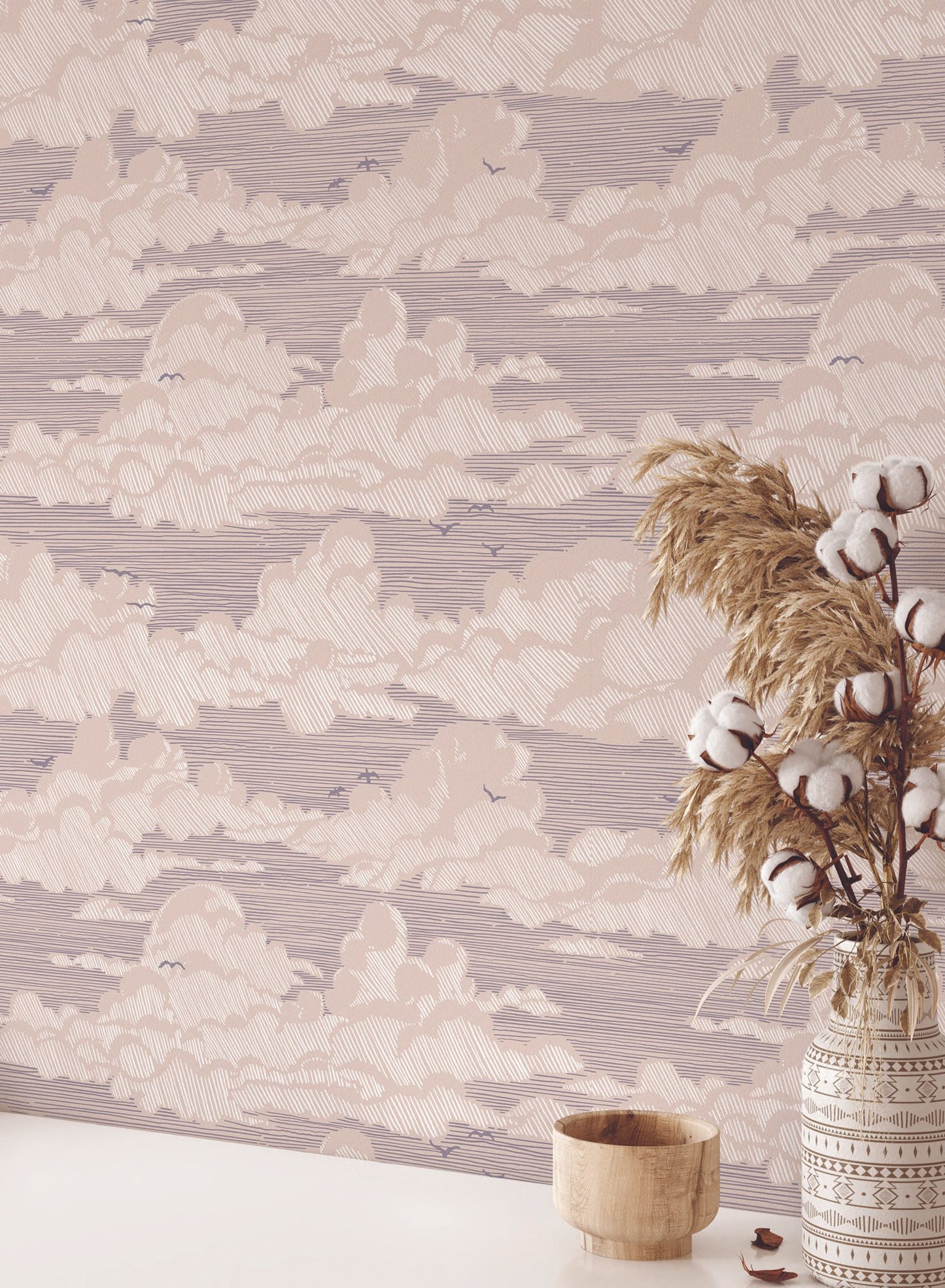 Sky Bound is a minimalist wallpaper by Opposite Wall of a cloudy sky background with birds flying across.