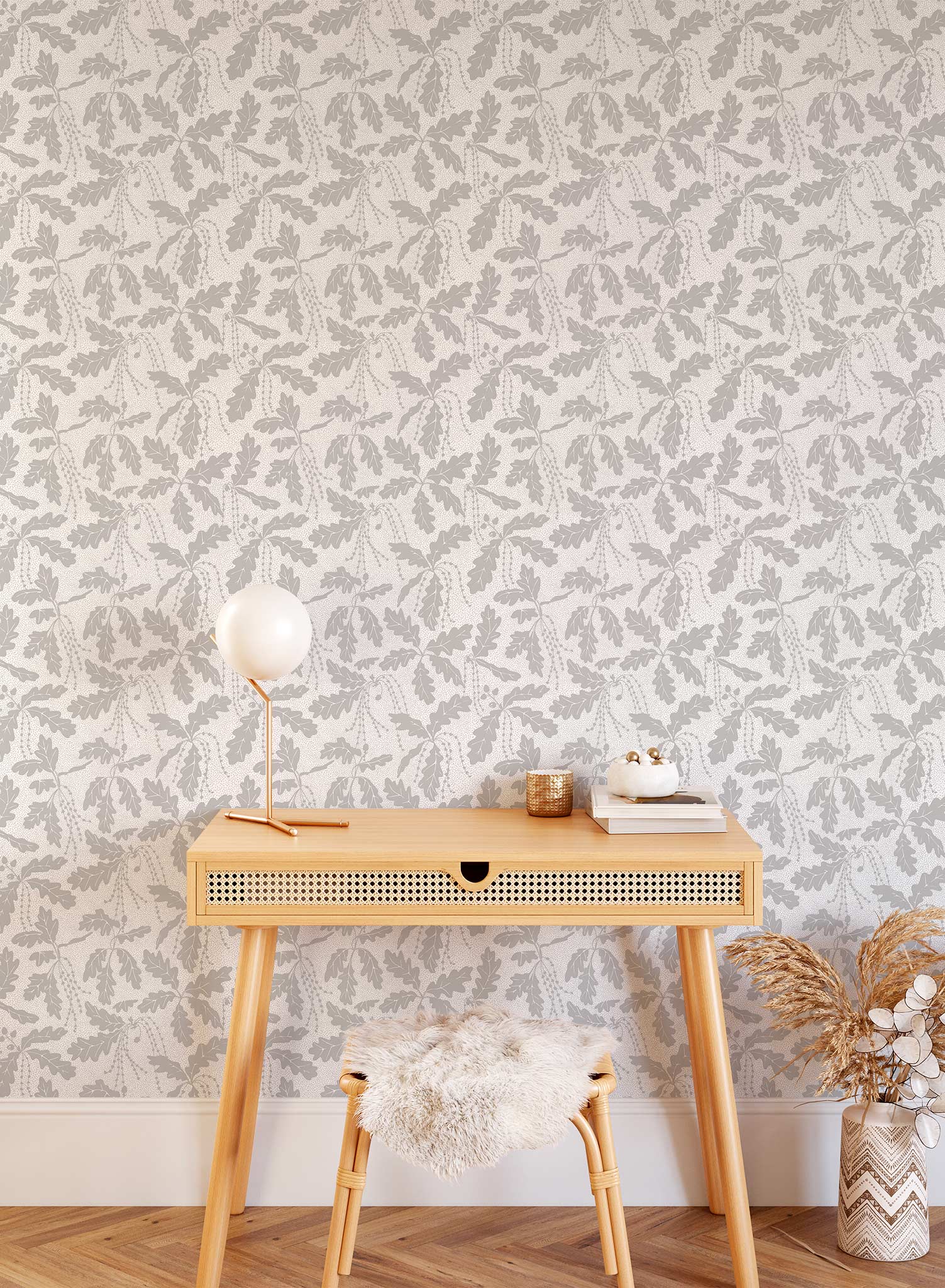 Oak Catkin is a minimalist wallpaper by Opposite Wall of leaves and catkins of oak trees.