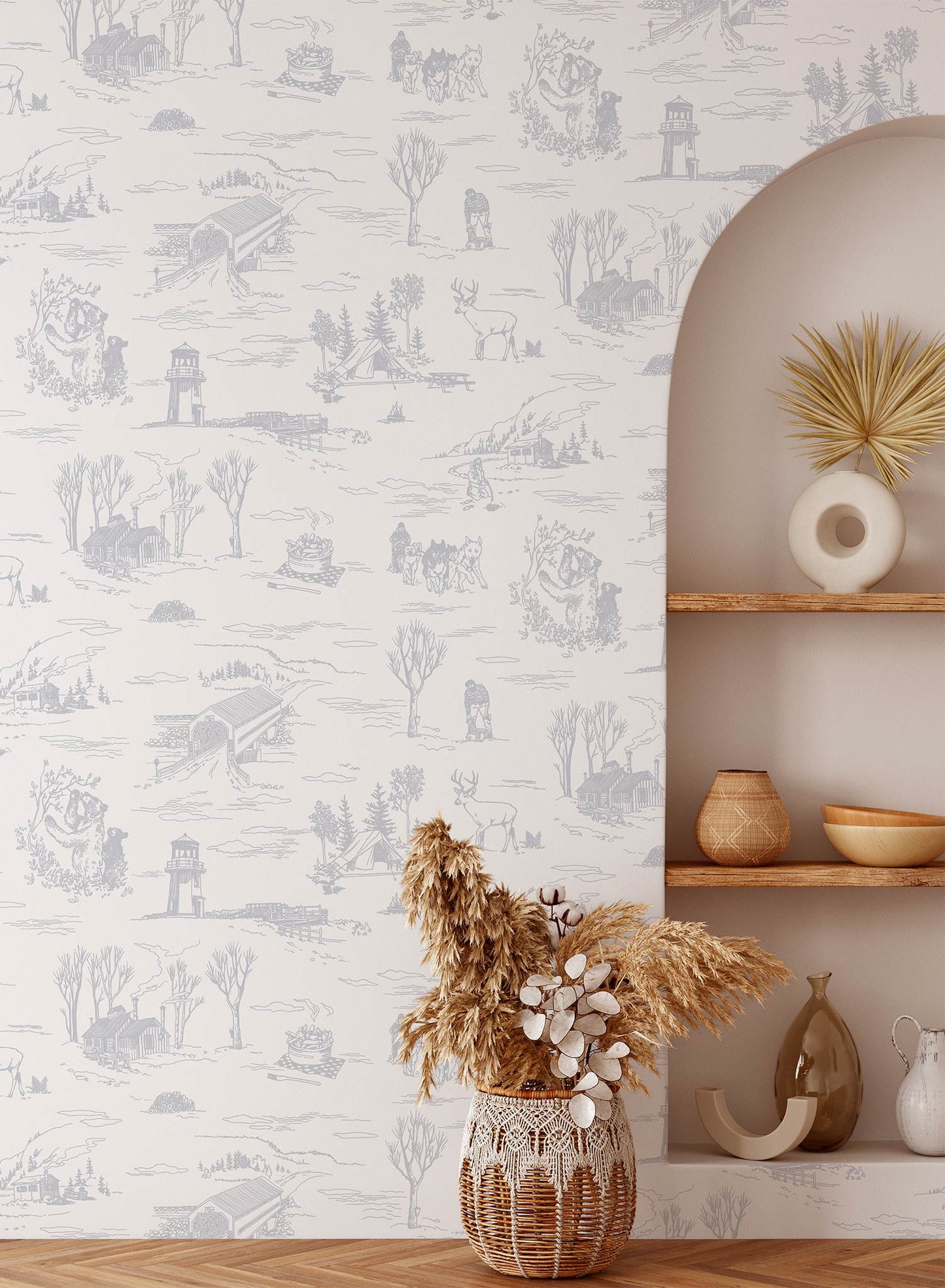 Folklore is a minimalist wallpaper by Opposite Wall of drawings of typical Canadian sightings.