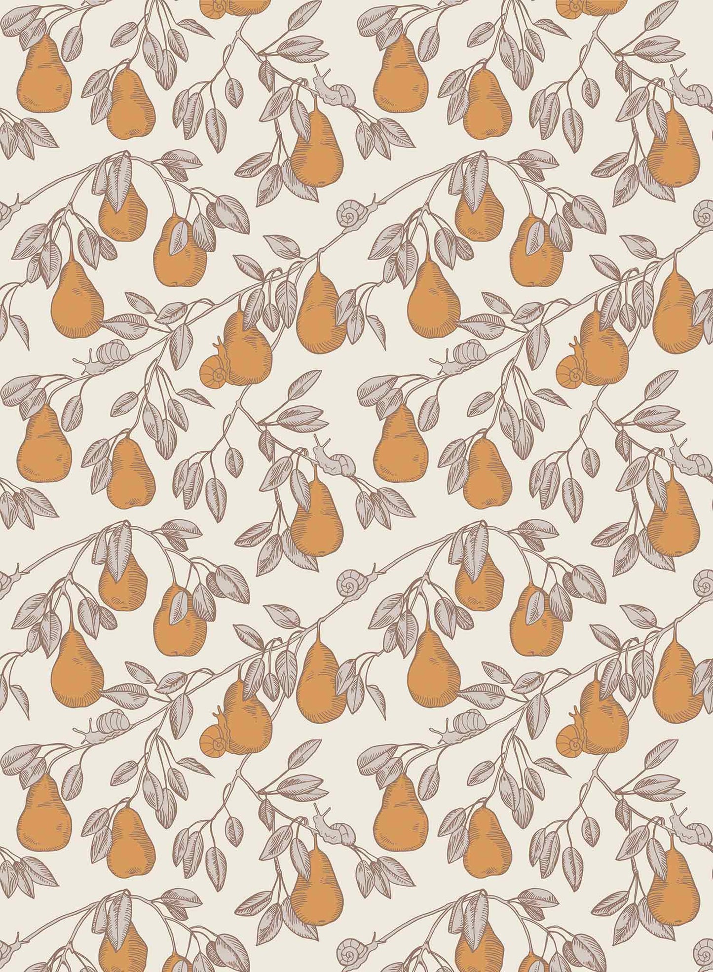 Pear Picking is a minimalist wallpaper by Opposite Wall of a series of pears hanging from its tree.