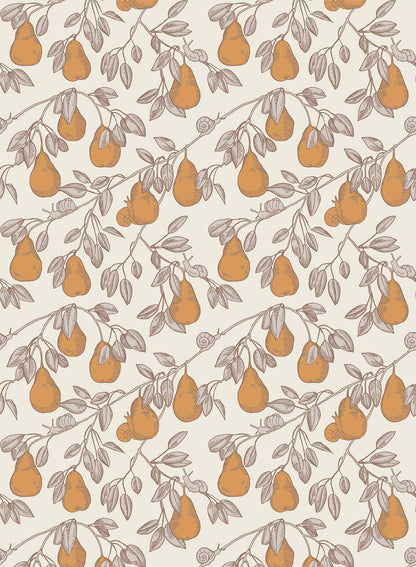 Pear Picking is a minimalist wallpaper by Opposite Wall of a series of pears hanging from its tree.