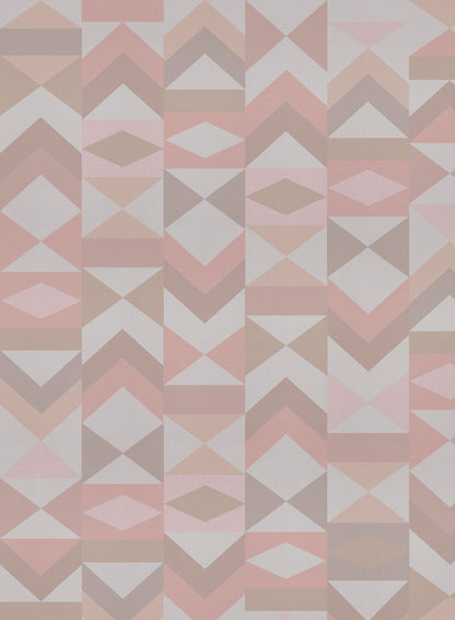 Tangram is a minimalist wallpaper by Opposite Wall of various vertical arrangements of colourful triangles.
