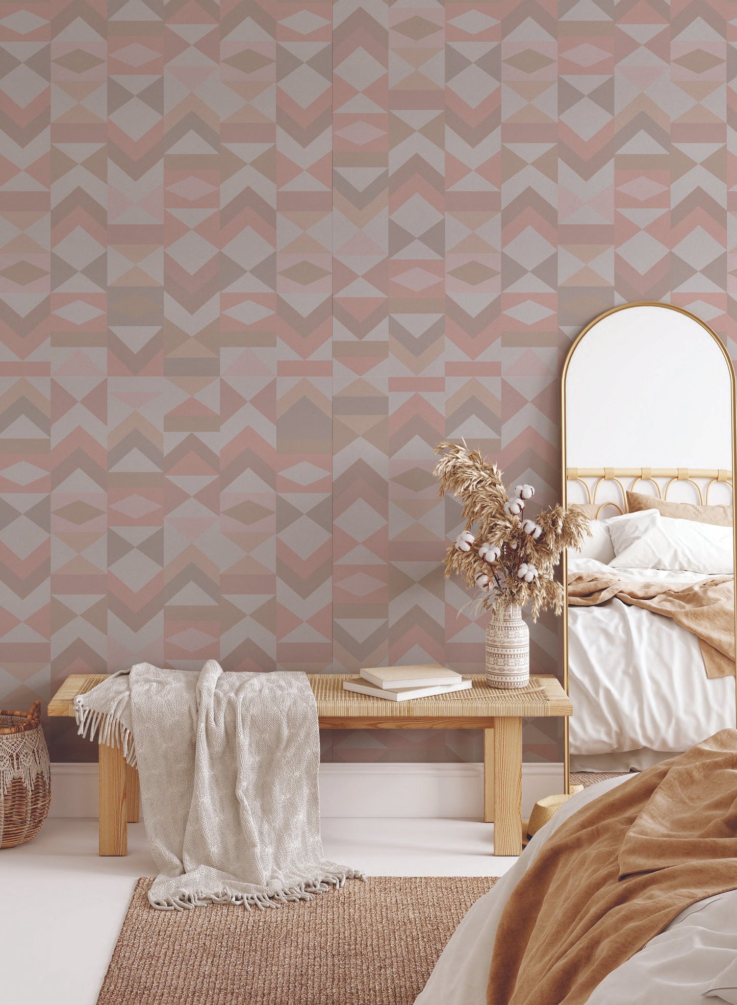Tangram is a minimalist wallpaper by Opposite Wall of various vertical arrangements of colourful triangles.