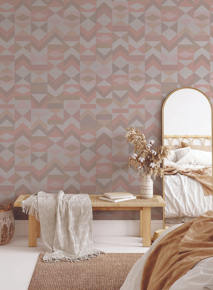 Tangram is a minimalist wallpaper by Opposite Wall of various vertical arrangements of colourful triangles.