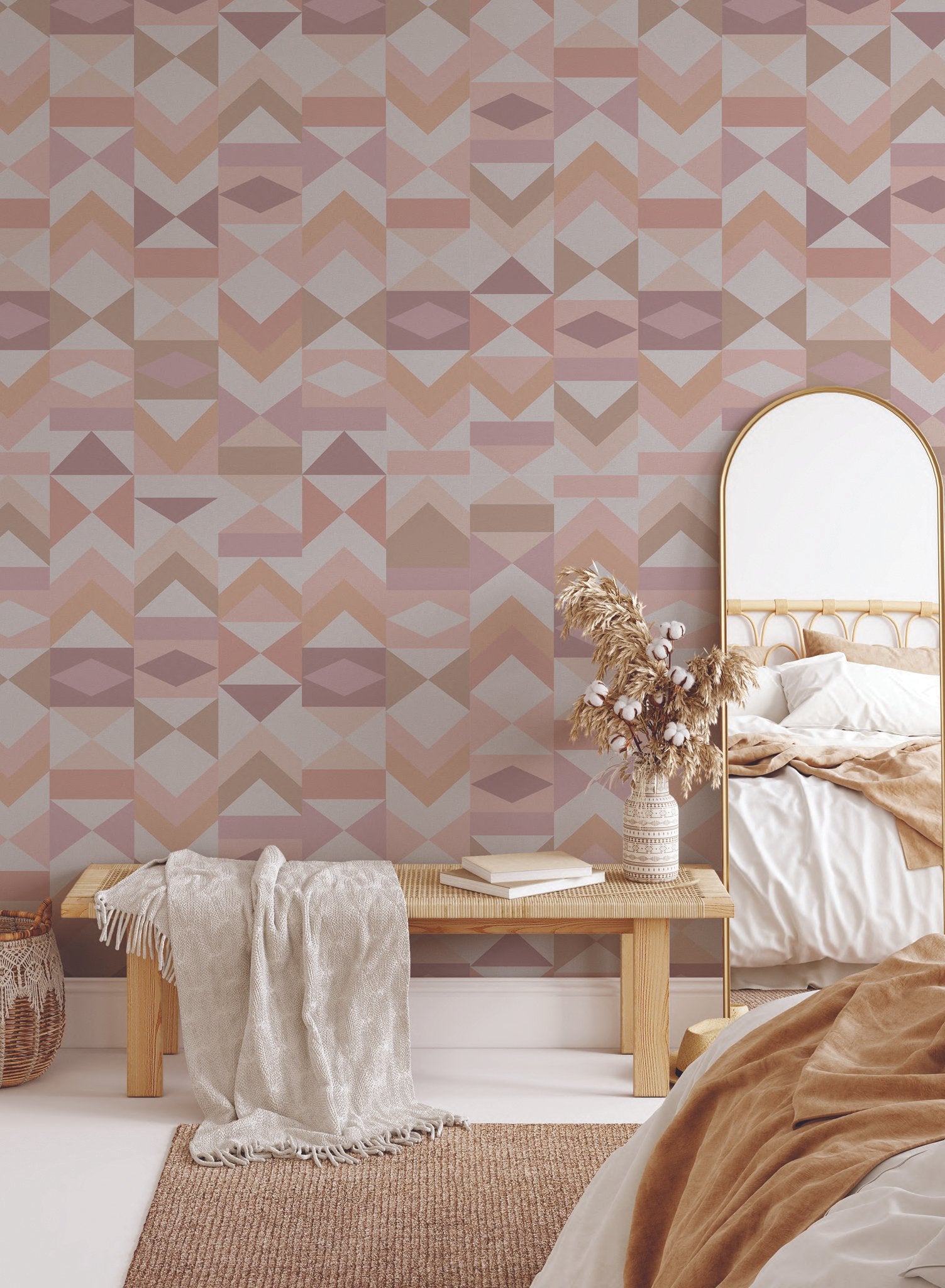 Tangram is a minimalist wallpaper by Opposite Wall of various vertical arrangements of colourful triangles.