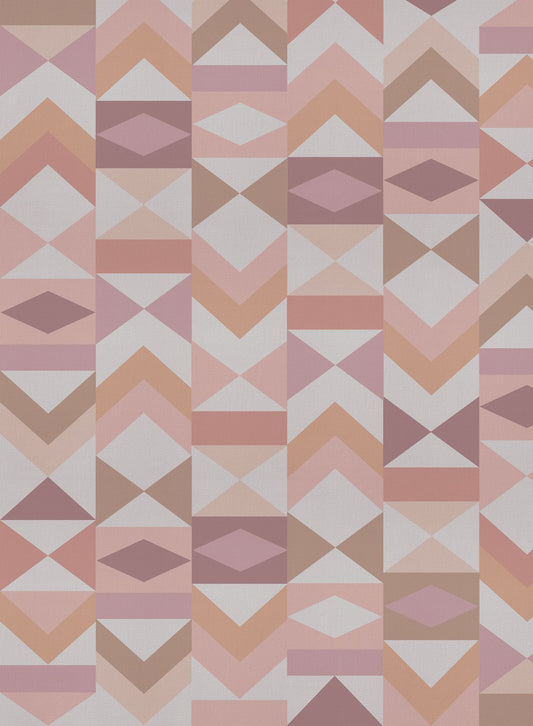 Tangram is a minimalist wallpaper by Opposite Wall of various vertical arrangements of colourful triangles.