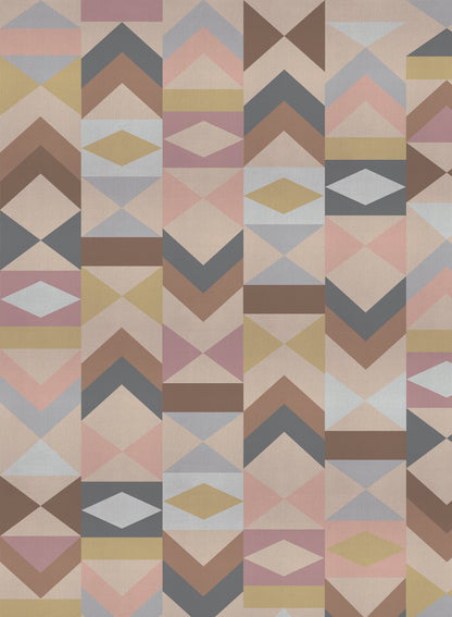 Tangram is a minimalist wallpaper by Opposite Wall of various vertical arrangements of colourful triangles.