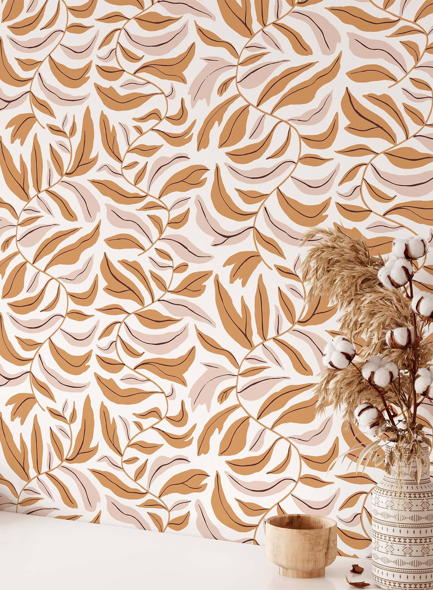 Spring Garland is a minimalist wallpaper by Opposite Wall of squiggly branches with leaves.