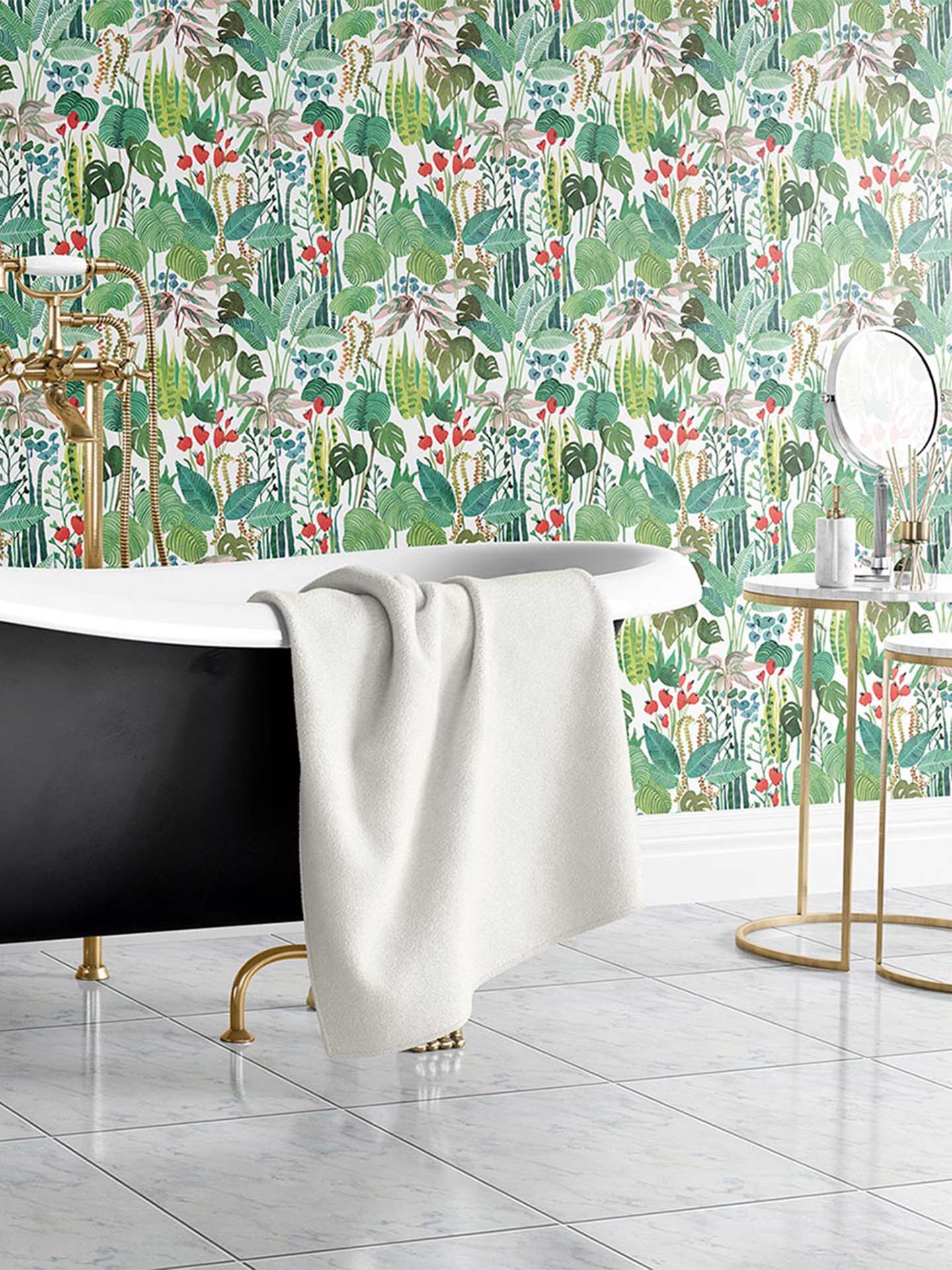 Tropicalia is a minimalist wallpaper by Opposite Wall of a variety of tropical plant leaves.