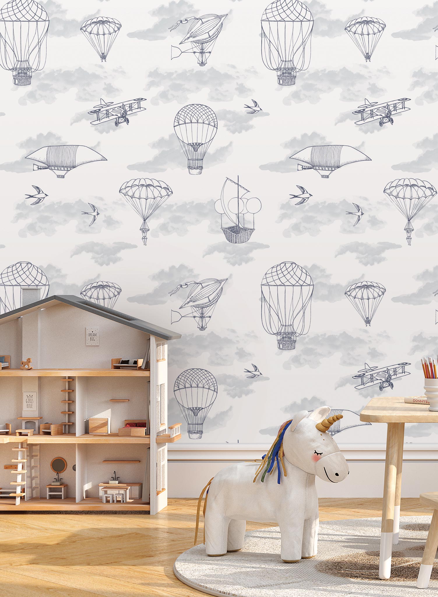 Fantastic Voyages is a minimalist wallpaper by Opposite Wall of a flying planes & hot air balloon