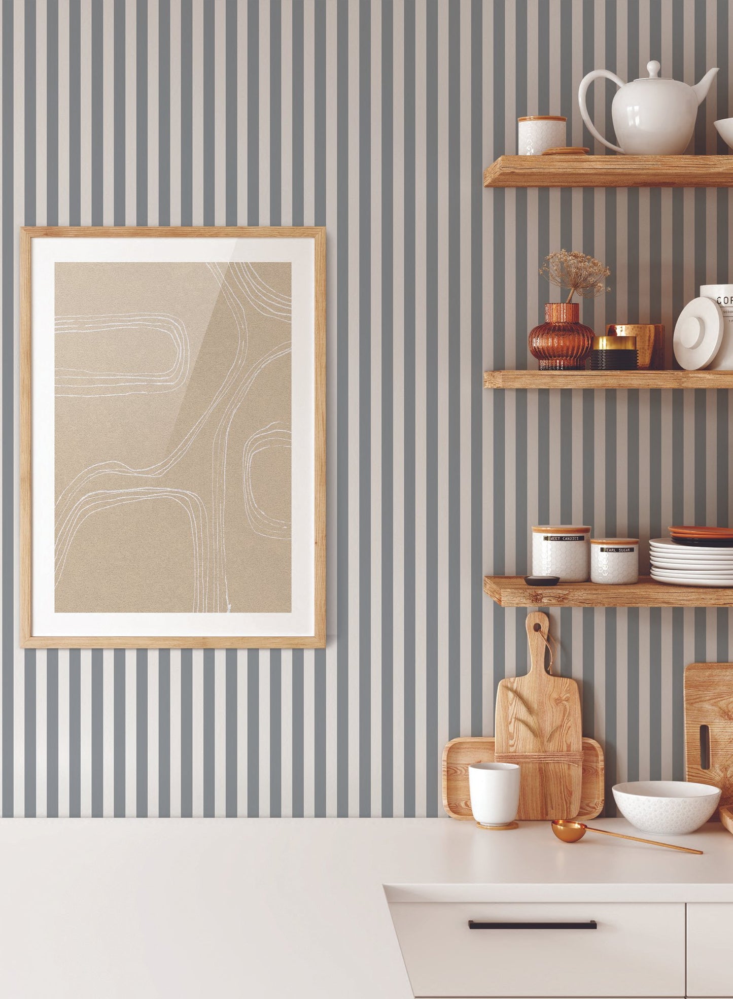 Sweet is a minimalist wallpaper by Opposite Wall of a classic pattern of tight two tone stripes.